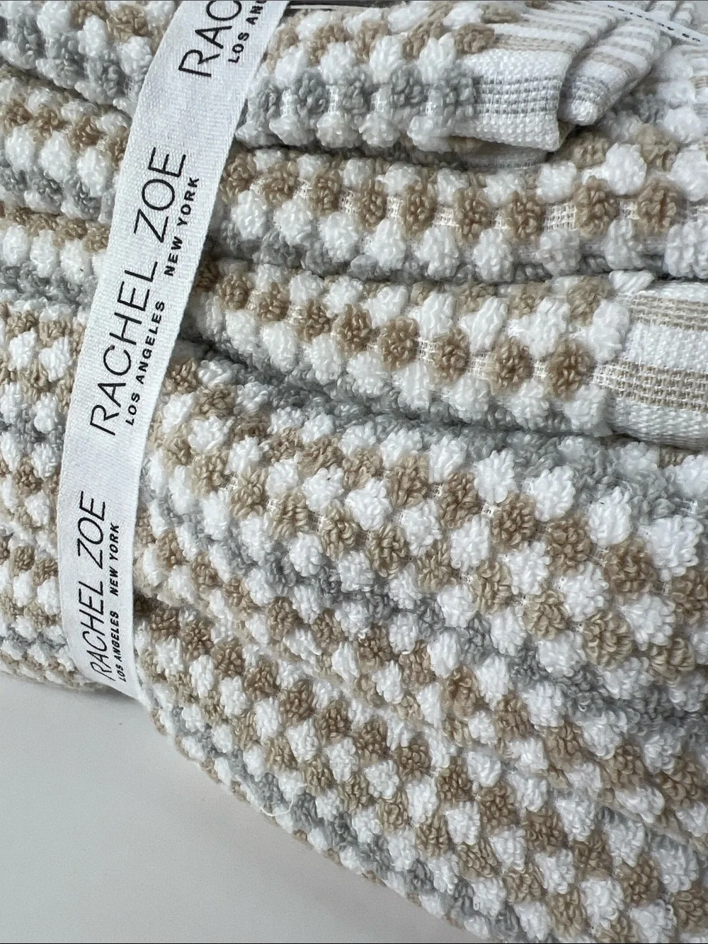 Rachel Zoe Bath Towel Set Grey Tan White Waffle Soft 100% Cotton 6 Pc NEW